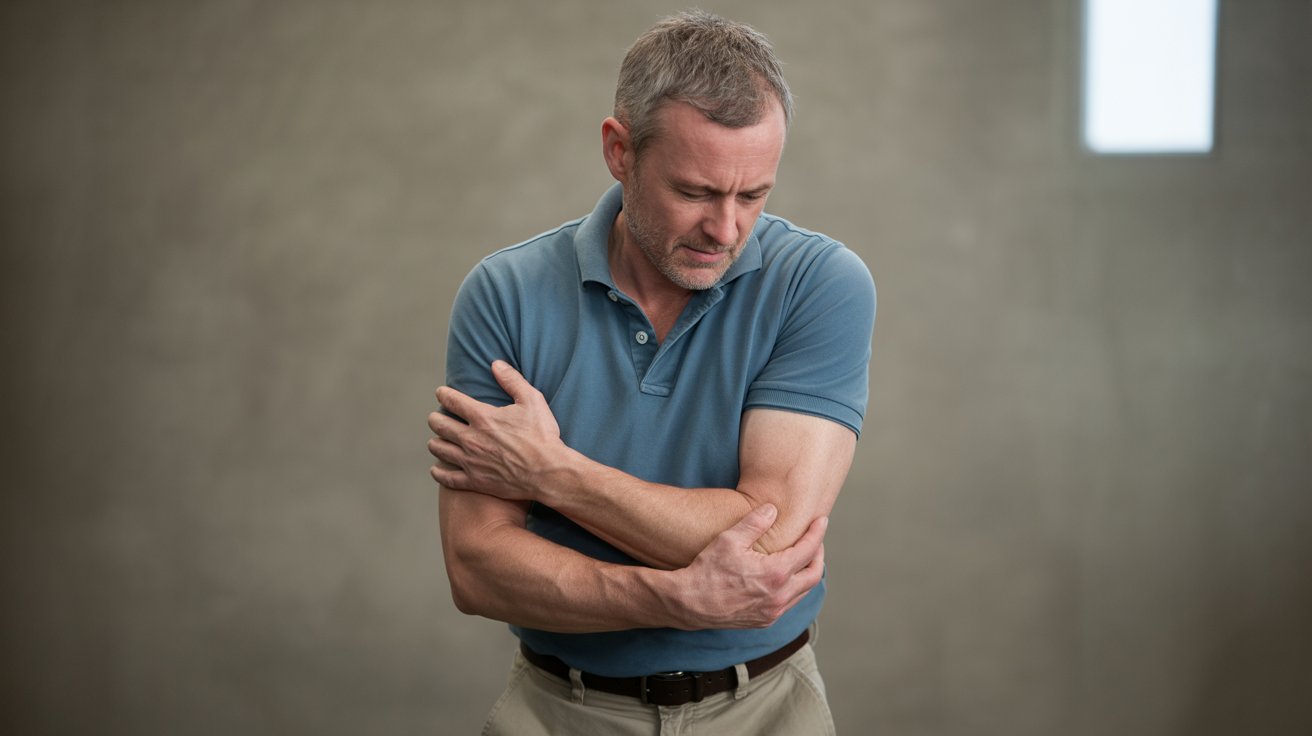 Person holding elbow in pain due to cubital tunnel syndrome, showing discomfort in a neutral setting.