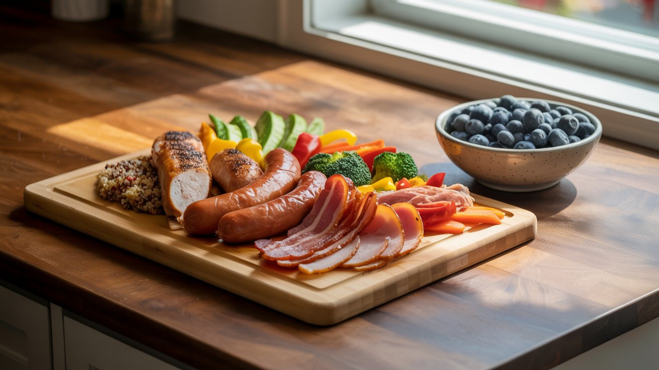 Healthy eating balance showing processed meat and cancer risk choices.