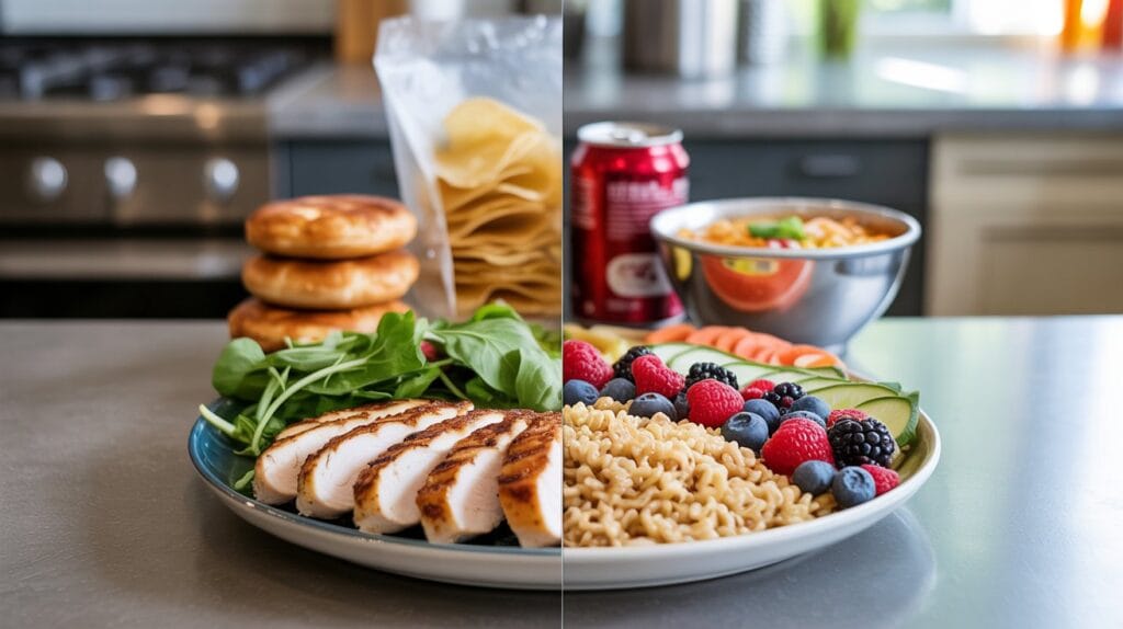 Split plate showing whole foods vs. ultra‑processed foods to illustrate how much is too much.