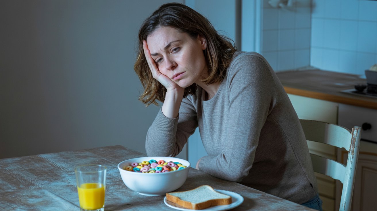 Tired woman with signs of fatigue after unhealthy breakfast — what causes inflammation in the body
