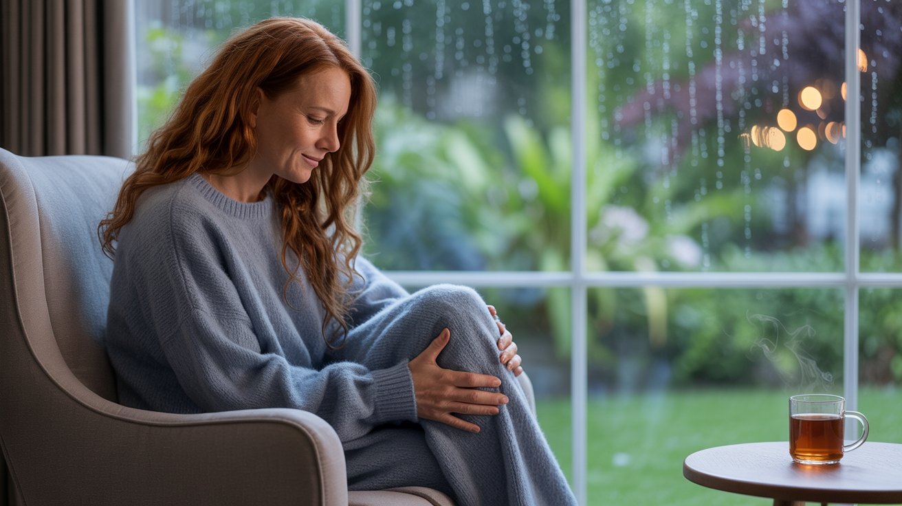 Person experiencing joint pain and weather changes on a rainy day