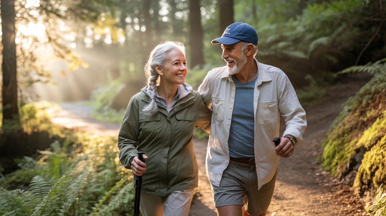 Older couple hiking outdoors practicing joint pain prevention