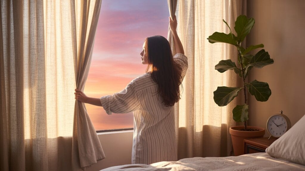 Opening curtains to morning light to reset your sleep schedule.