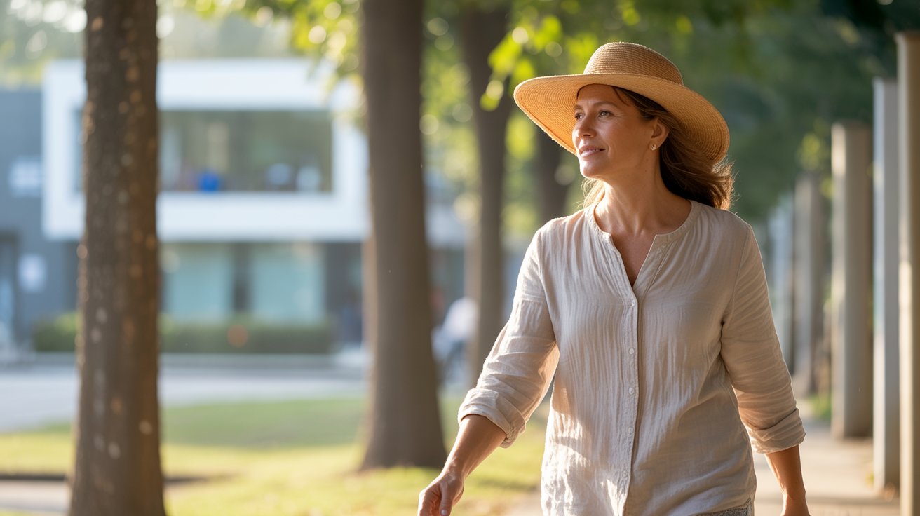 woman outdoors in sunlight practicing balance for health — vitamin D and breast cancer