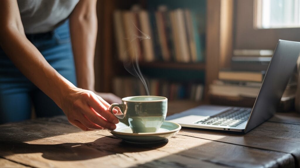 Person setting down a coffee cup as they decide to cut back on caffeine.