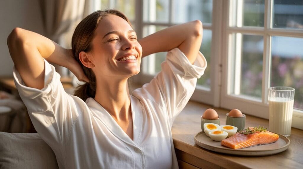 Woman enjoying morning sunlight with foods rich in vitamin D — signs of vitamin D deficiency prevention