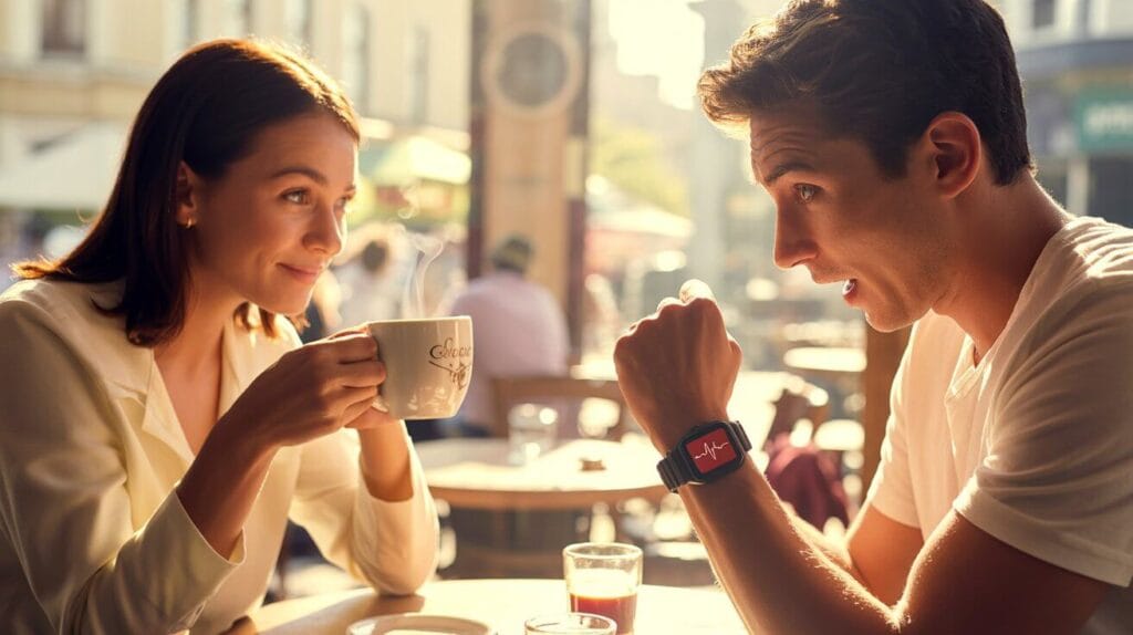 Two people reacting differently to caffeine, illustrating caffeine sensitivity and its effect on heart rate.