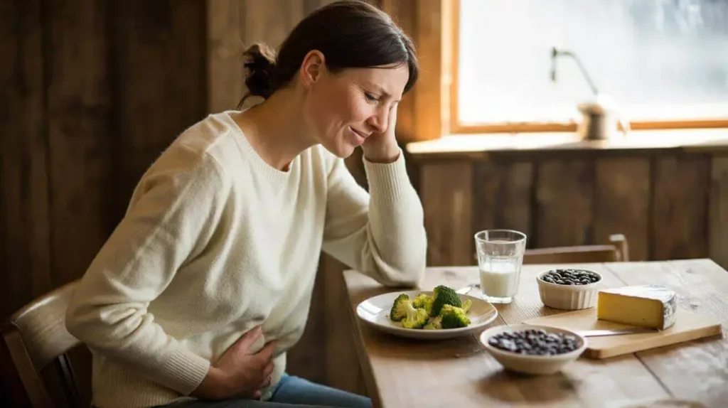 Woman touching her stomach after eating while surrounded by common food triggers, illustrating bloating after meals.