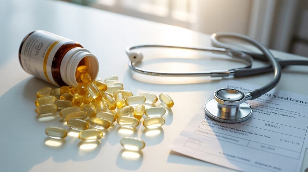 Spilled vitamin D capsules and stethoscope illustrating excessive vitamin D side effects and health risks.