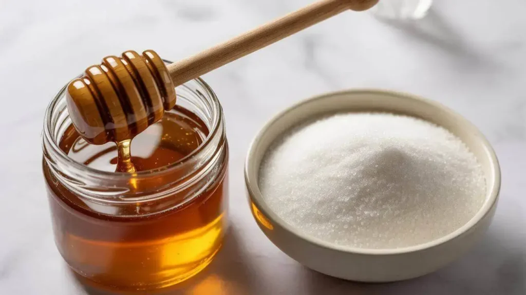 Comparison image of honey and sugar side by side used to answer the question is honey healthier than sugar.