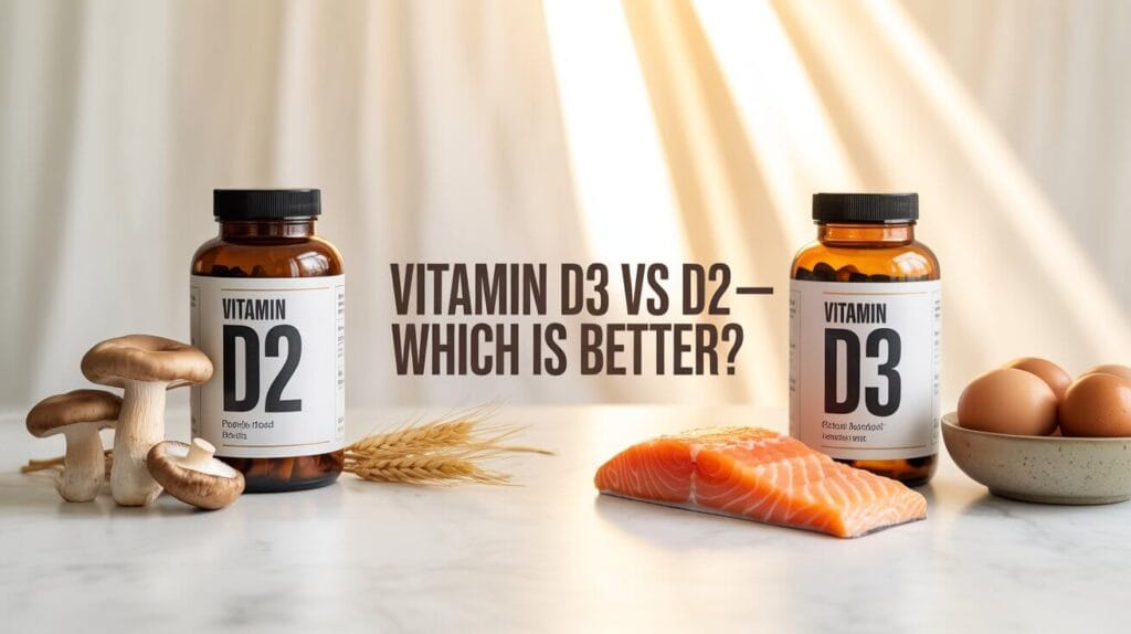 Vitamin D3 vs D2 comparison — infographic showing sources and benefits of each form of vitamin D.