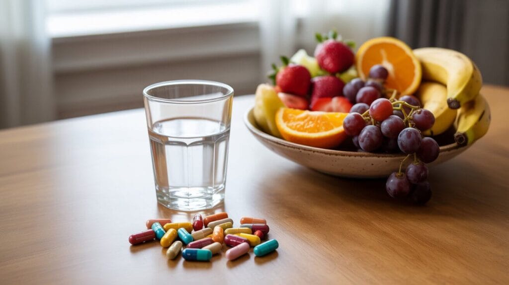 Colorful multivitamin pills and healthy food on a table — concept for “do multivitamins really work” article