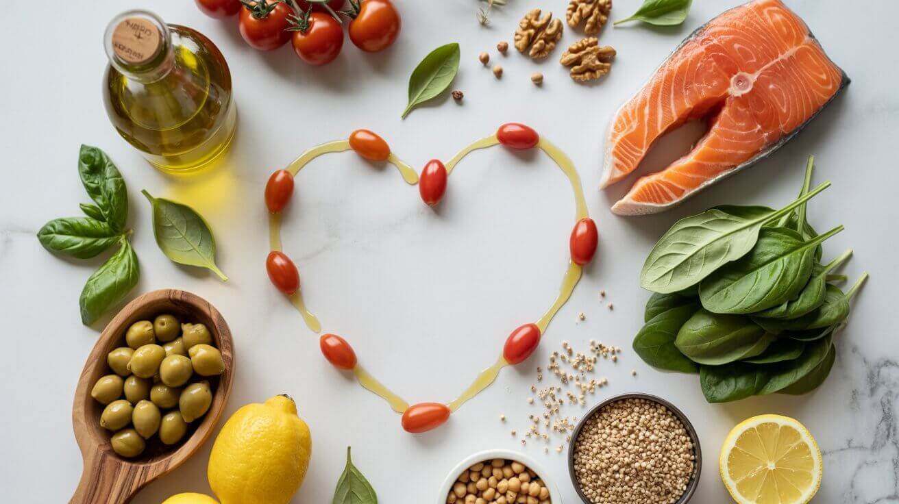 Mediterranean diet for heart health foods including olive oil, salmon, nuts, whole grains, tomatoes, leafy greens, and herbs arranged in a bright flat lay.