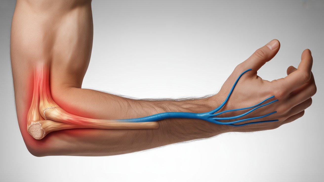 diagram showing elbow pain tendonitis or nerve compression with tendon inflammation and ulnar nerve pathway highlighted