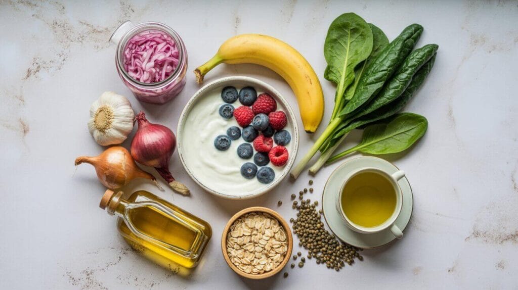 Flat lay of 10 best foods for gut health including yogurt, berries, olive oil, and leafy greens on a clean table.