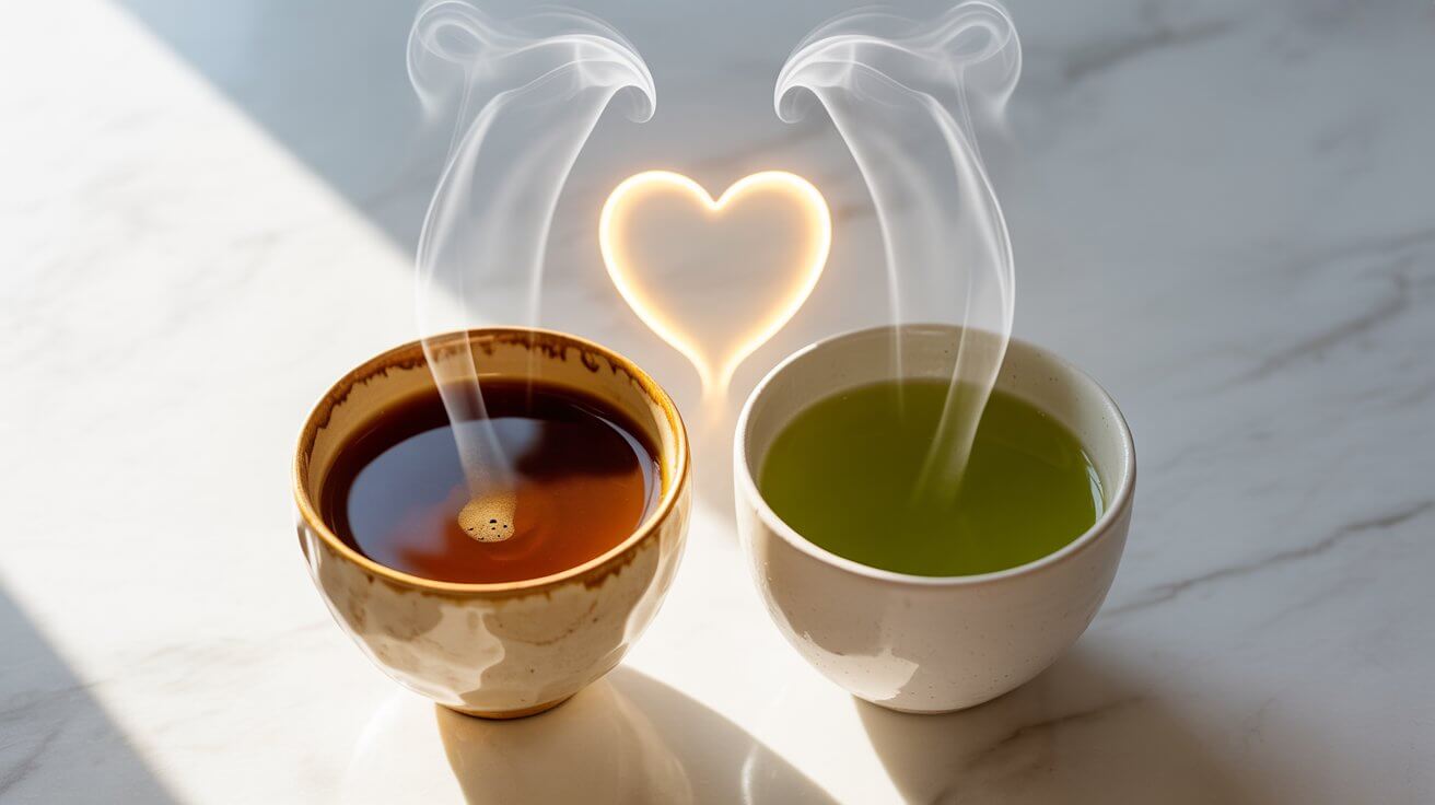 Cup of coffee and green tea side by side with a heart symbol — illustrating coffee vs green tea heart health.