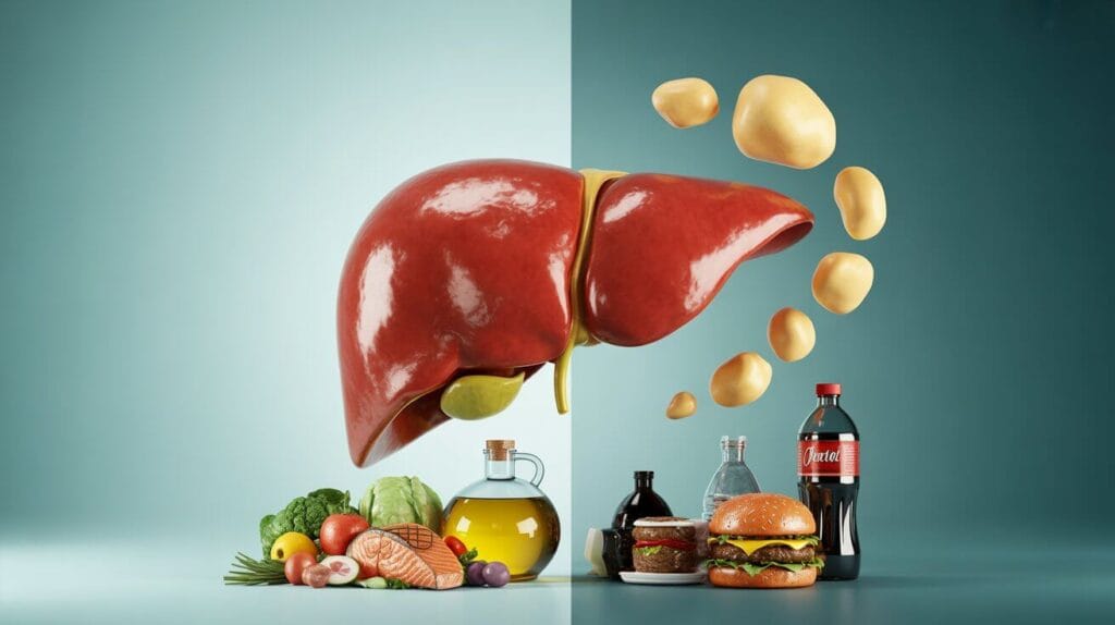 Split illustration showing a healthy liver and a fatty liver with foods that affect fatty liver risk.