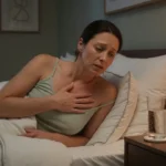 Adult lying in bed at night with chest discomfort, illustrating acid reflux at night symptoms