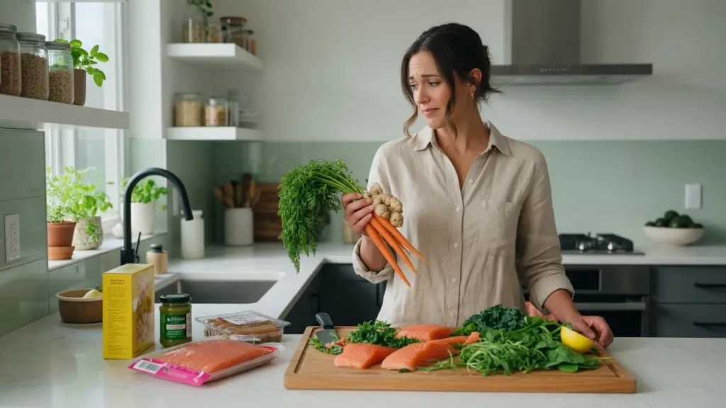 Woman choosing healthy foods in a kitchen, illustrating an endometriosis diet to reduce inflammation and pain.