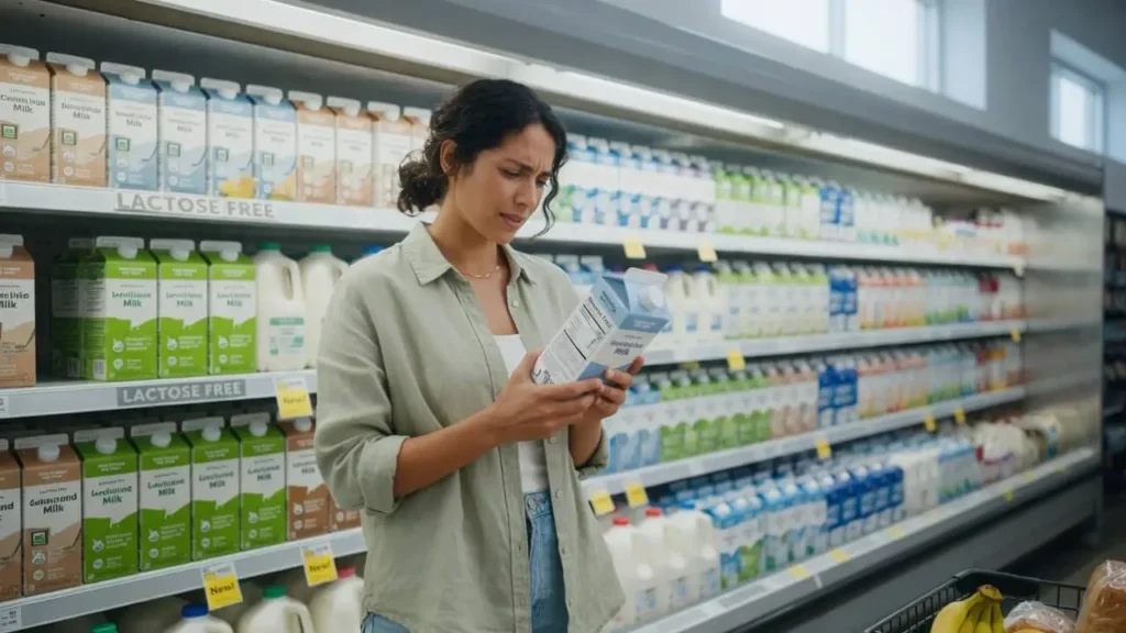 Adult reading a milk label in a grocery store, exploring options to cure lactose intolerance or manage symptoms.