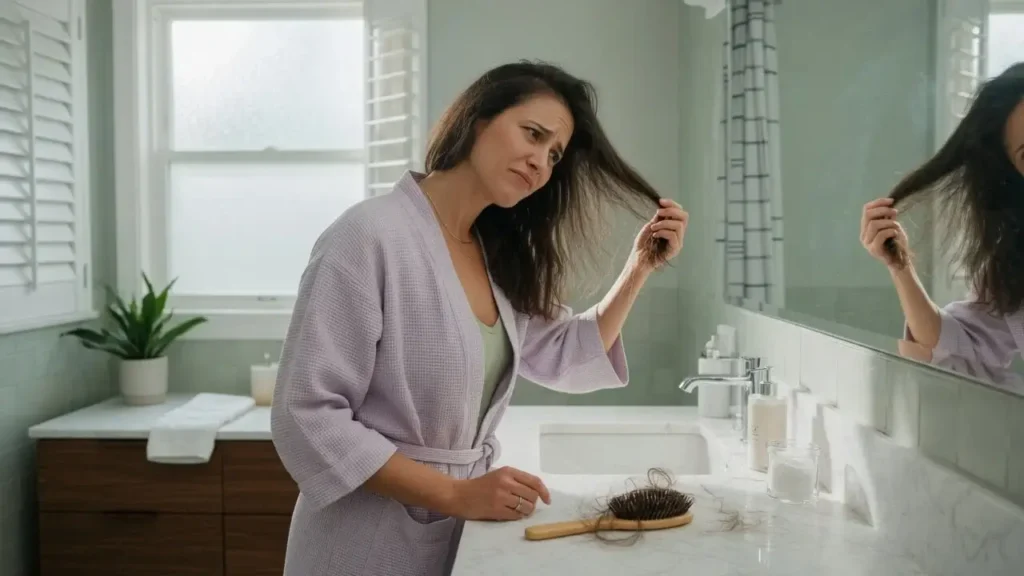 Woman examining frizzy hair and noticing hair loss in mirror with loose strands on brush.