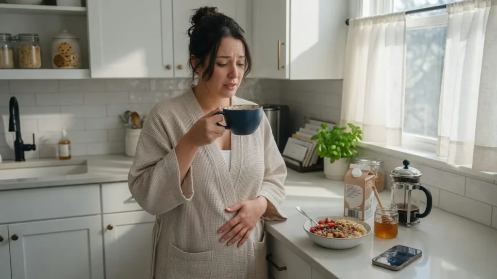 Adult looking fatigued while holding coffee and touching abdomen, illustrating constipation and fatigue symptoms.