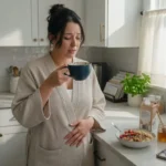 Adult looking fatigued while holding coffee and touching abdomen, illustrating constipation and fatigue symptoms.