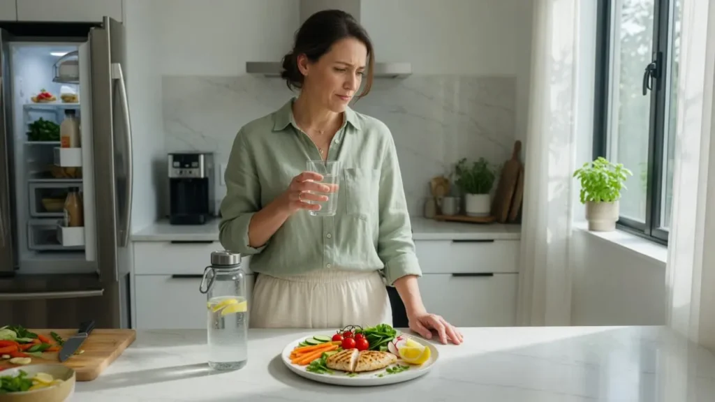 Adult choosing healthy foods and water, illustrating how to prevent kidney stones through diet and hydration.