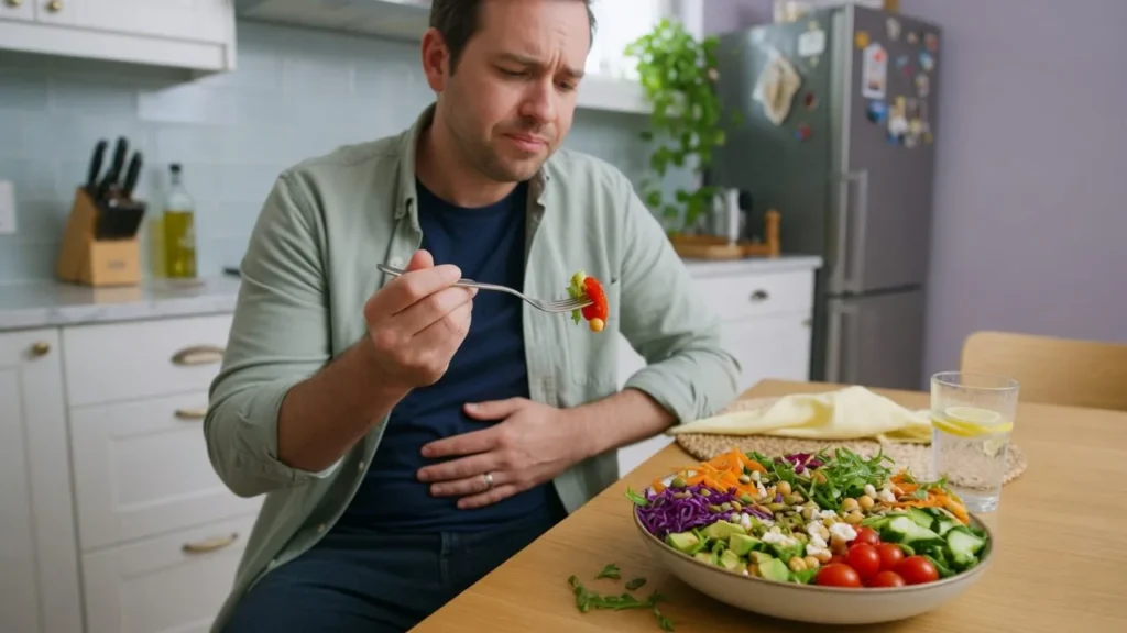 Adult feeling bloated while eating a healthy salad, illustrating why do I feel bloated even when I eat healthy