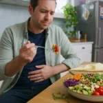 Adult feeling bloated while eating a healthy salad, illustrating why do I feel bloated even when I eat healthy