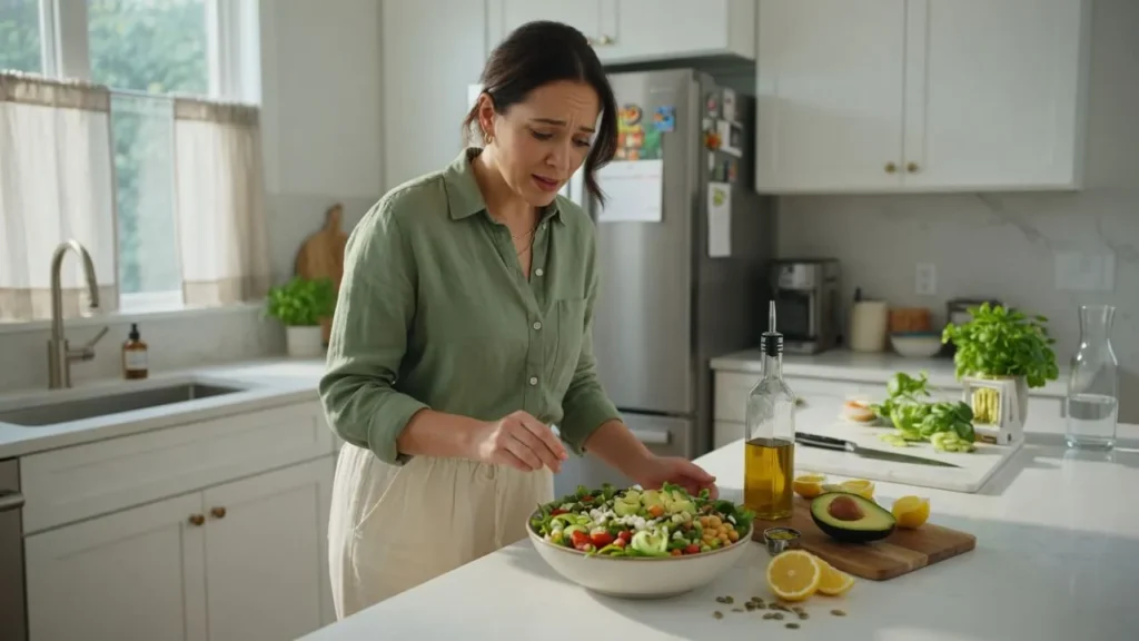 Adult preparing a healthy meal while questioning portion size, illustrating eating healthy but gaining weight.