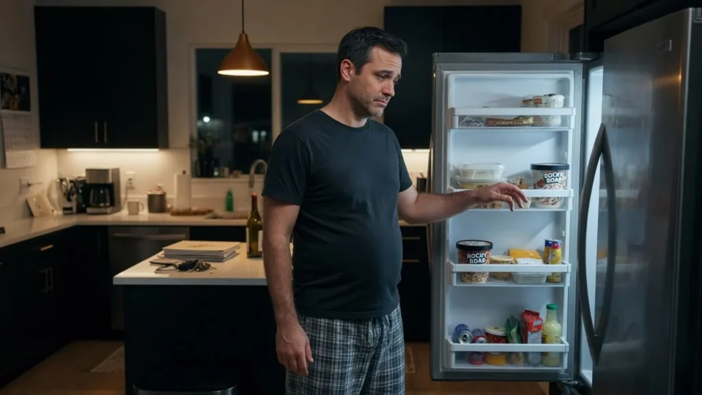 Adult pausing at an open fridge at night, illustrating stress and belly fat linked to emotional eating.