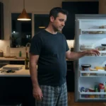 Adult pausing at an open fridge at night, illustrating stress and belly fat linked to emotional eating.