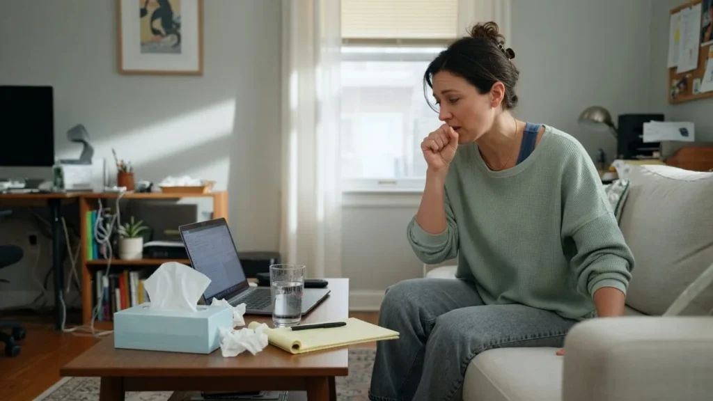 Adult coughing at home without signs of illness, illustrating why do I keep coughing but I’m not sick
