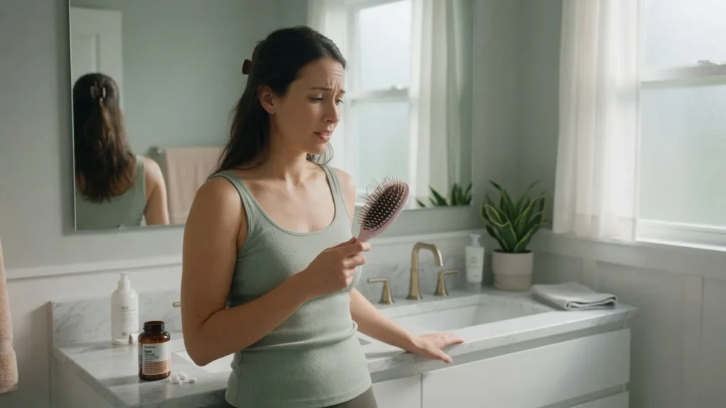 Woman noticing hair shedding in a brush, illustrating low iron hair loss and iron deficiency hair loss symptoms