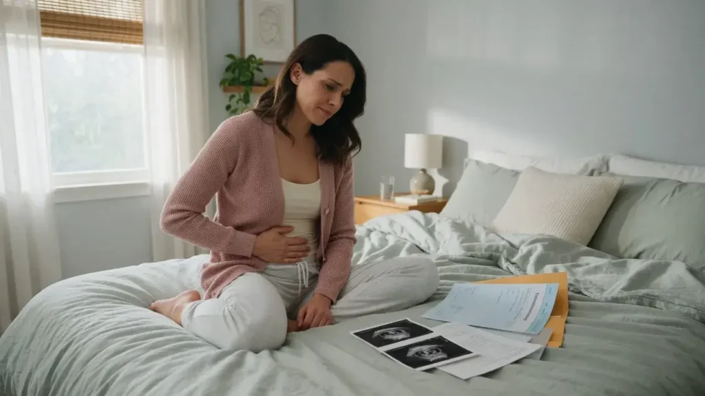 Woman holding her abdomen while reviewing medical results, illustrating when surgery is needed for endometriosis.