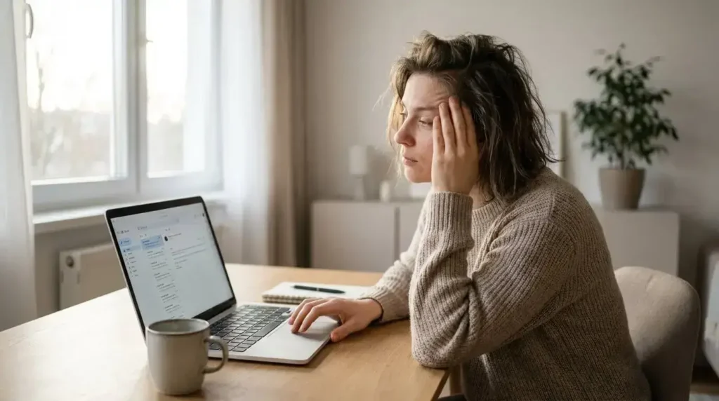 Adult working at a desk in the morning looking mentally fatigued and unfocused, illustrating sleep deprivation effects from sleeping 5–6 hours