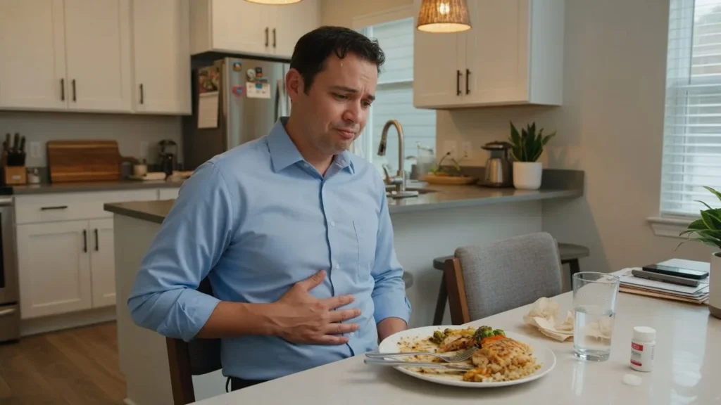 Adult holding abdomen after eating, illustrating bloating after every meal in a home setting.