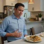 Adult holding abdomen after eating, illustrating bloating after every meal in a home setting.