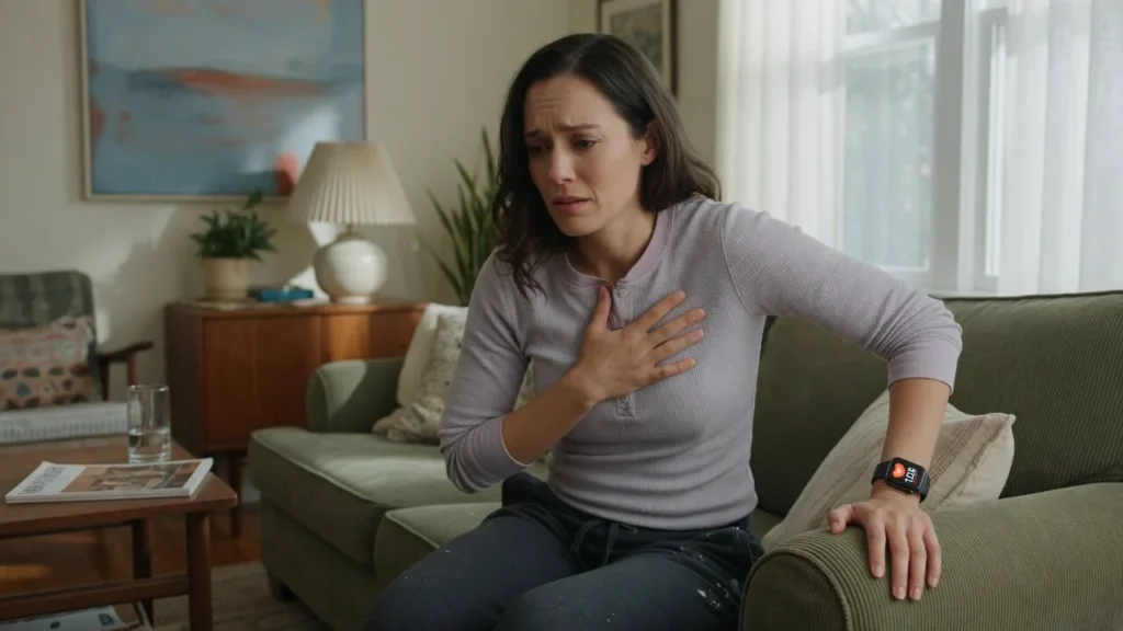 Adult experiencing panic attack vs anxiety attack symptoms, holding chest and looking distressed on a couch.