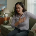 Adult experiencing panic attack vs anxiety attack symptoms, holding chest and looking distressed on a couch.