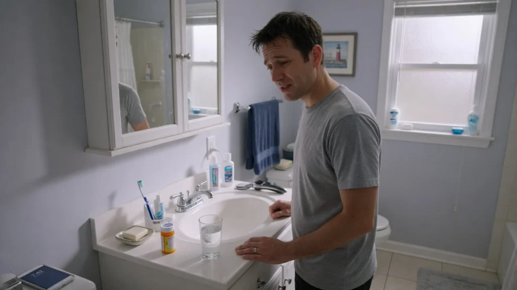 Adult looking concerned in bathroom with glass of water nearby, illustrating why does my urine smell strong