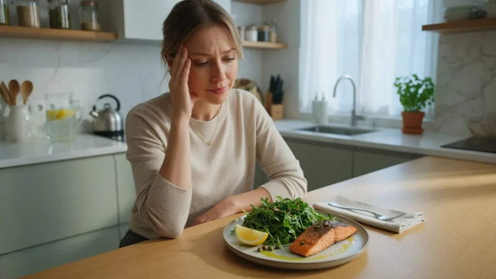 Woman holding her temple while looking at a healthy meal, illustrating anti-inflammatory diet for migraines and food choices.
