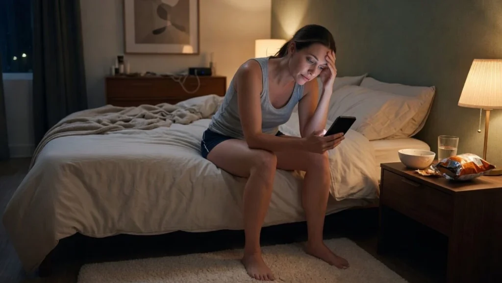 Adult sitting on bed at night looking tired at phone, illustrating sleep and weight gain connection.