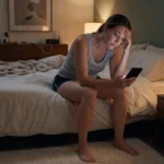 Adult sitting on bed at night looking tired at phone, illustrating sleep and weight gain connection.
