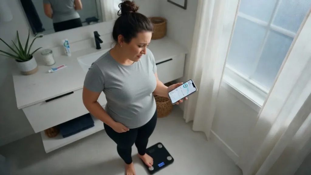 Adult standing on a scale looking confused, showing why weight loss stopped and a possible weight loss plateau