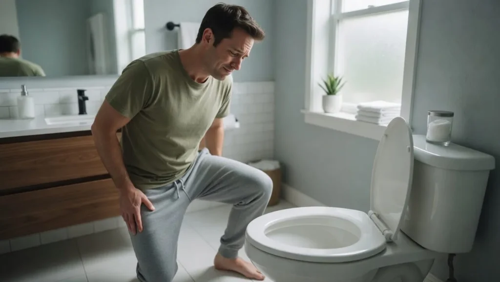 Adult looking at foamy urine in toilet, illustrating possible causes of foamy urine and when to worry