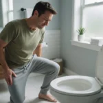 Adult looking at foamy urine in toilet, illustrating possible causes of foamy urine and when to worry