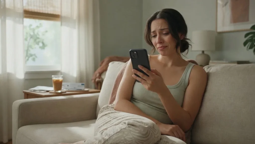Adult looking emotionally conflicted while checking phone, illustrating borderline personality disorder symptoms in relationships