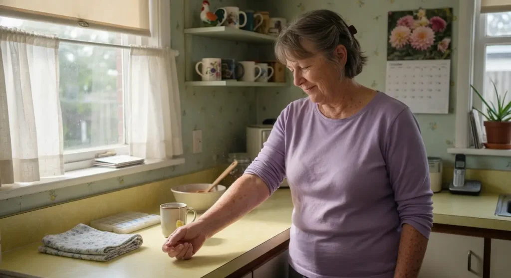 A woman in her 60s quietly observes her forearm while resting it on a kitchen counter in soft light.